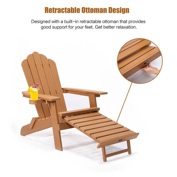 Brown Outdoor Folding Wood Adirondack Chair with Pullout Ottoman