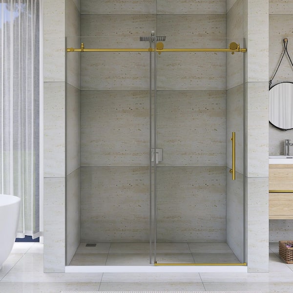 56-60 in. W x 76 in. H Sliding Frameless Shower Door in Brushed Gold with Clear Glass