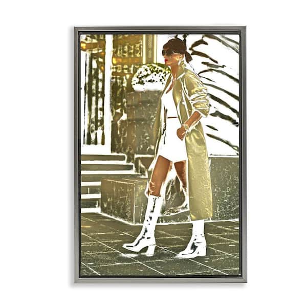 Girl in Gold Trenchcoat by Graffi*Tee Studios Gray Floater Frame People Graphic Art Print 31 in. x 21 in.