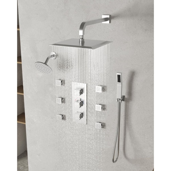 Thermostatic 8-Spray 12 and 6 in. Wall Mount Dual Shower Head Fixed and Handheld Shower Head 2.5 GPM, Brushed Nickel