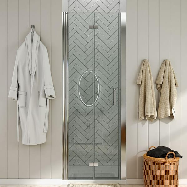 waterpar 32 to 33-1/4 in. W. x 72 in. H Bi-Fold Frameless Shower Doors in Chrome with Clear Glass