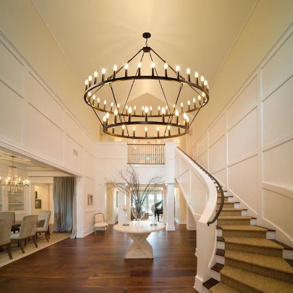 60 in. 54-Light 2-Tier Black Extra Large Farmhouse Wagon Wheel Loft Retro Round Chandelier for Living Room Foyer Bar