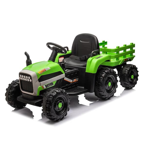 Huluwat Green 12-Volt Ride on Tractor Electric Vehicle with Trailer and ...