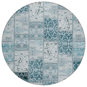 Teal 8 ft. Round Woven Plaid Round Indoor/Outdoor Area Rug