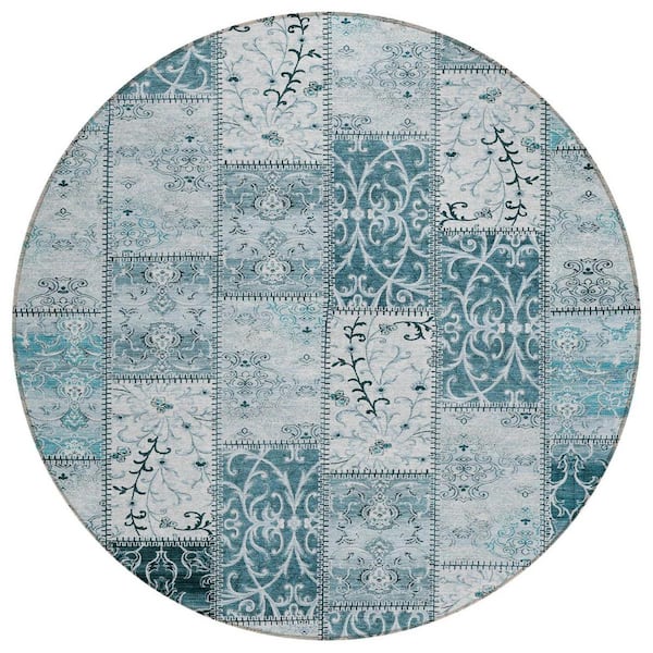 Teal 8 ft. Round Woven Plaid Round Indoor/Outdoor Area Rug