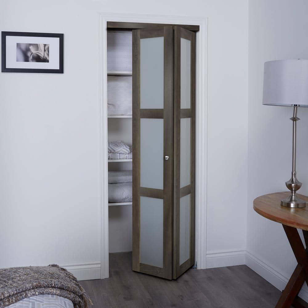 Ironage Gray 30" x 80.5" Frosted Glass MDF Bi-Fold Door