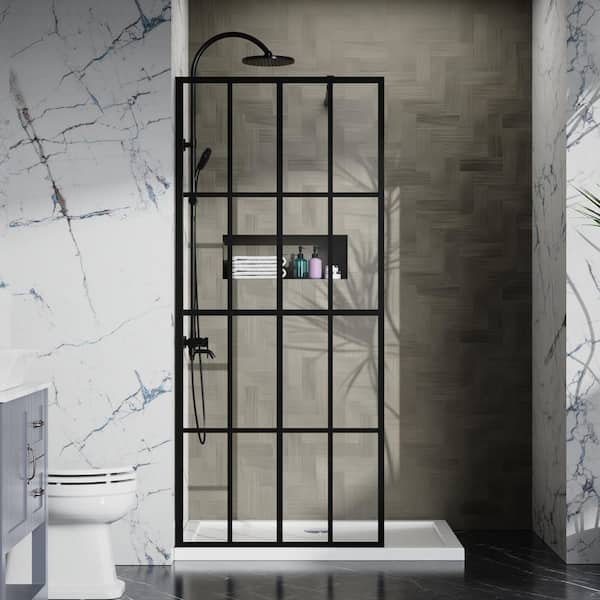34 in. W x 72 in. H Walk-in Fixed Framed Shower Door, 4-Panel Design Shower Screen Door w/ Clear Tempered Glass in Black
