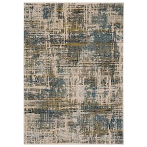 Haven Blue/Gold 4 ft. x 6 ft. Abstract Mosaic Polyester Fringed Indoor Area Rug