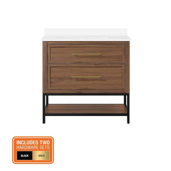 Corley 36 in. Single Sink Spiced Walnut Bath Vanity with White Engineered Stone Top (Assembled)