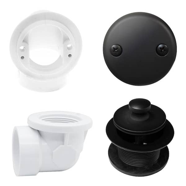 Westbrass Sch. 40 PVC 1-1/2 in. Course Thread Plumber's Pack Twist Close Bathtub Drain with Two-Hole Elbow, Matte Black