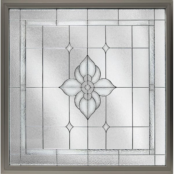 Hy-Lite 47.5 in. x 47.5 in. Decorative Glass Fixed Vinyl Window Spring Flower Glass, Nickel Caming in Driftwood
