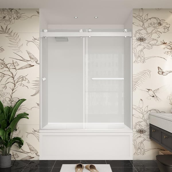 YINVANI 60 in. W x 66 in. H Double Sliding Frameless Soft Close Bypass Bath Tub Door in Brushed Nickel with 3/8 in. Clear Glass