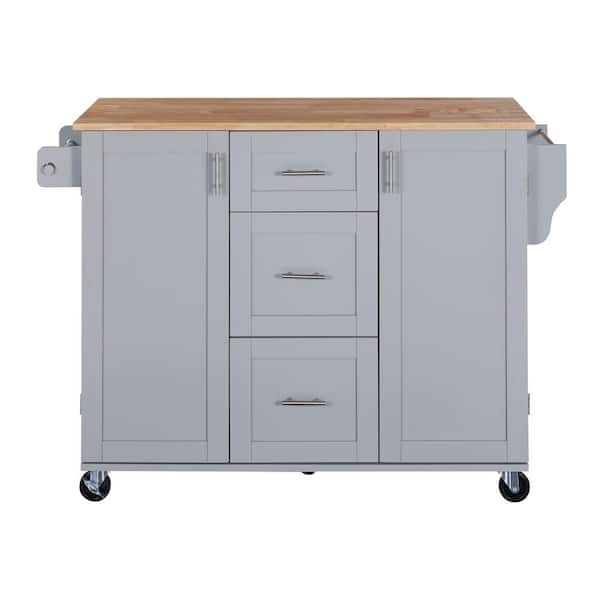 JimsMaison Grey Blue Rubberwood Kitchen Cart with Drop Leaf, Internal Storage Rack, Spice Rack, 2 Slide-Out Shelf, and 3 drawer