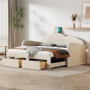 Beige Twin Size Velvet Upholstered Extendable Daybed with Cloud-Shaped Backrest, 2 Drawers and USB Ports