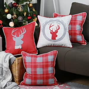Christmas Themed Decorative Throw Pillow Square 18 in. x 18 in. White and Red and Gray for Couch, Bedding (Set of 4)
