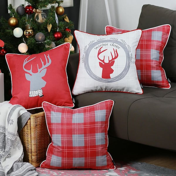 MIKE & Co. NEW YORK Decorative Christmas Themed Throw Pillow Cover Square 18 in. x 18 in. White and Red, Gray for Couch, Bedding (Set of 4)
