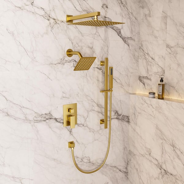 Crozet 3-Spray Wall Mount Dual Fixed and Handheld Shower Head Shower Faucet Hand Shower 2.5 GPM in Brushed Gold