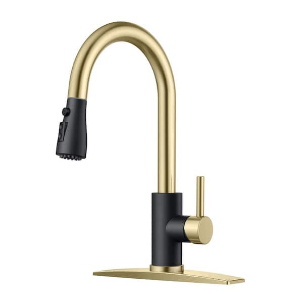 FORIOUS Single Handle Pull Down Sprayer Kitchen Faucet High-Arc Kitchen Sink Faucet with Deck Plate in Black Brushed Gold