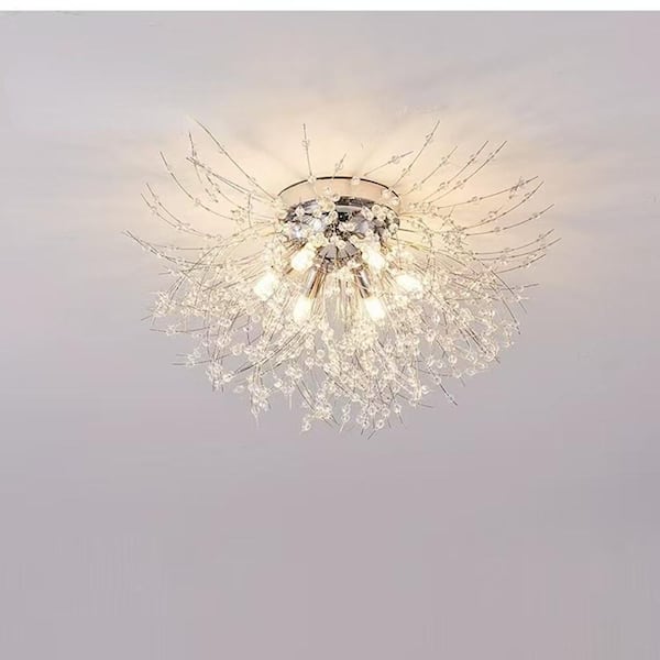 23.62 in. 6-Light Modern Silver Firework Crystal Semi-Flush Mount Ceiling Light with No Bulbs Included