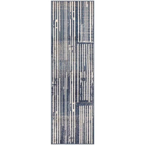 Nourison Grafix Blue Grey 2 ft. x 8 ft. Abstract Contemporary Runner Area Rug