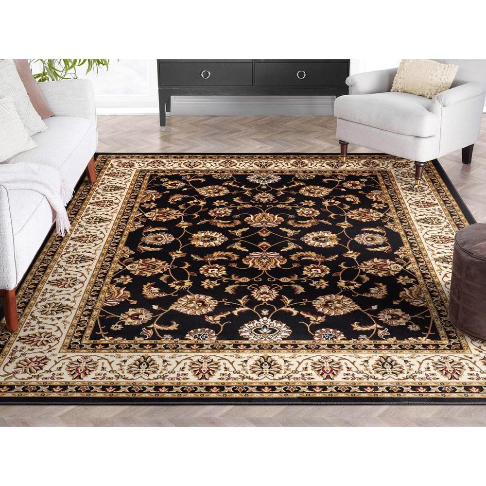 Black and Beige Rectangular Oriental Synthetic Area Rug