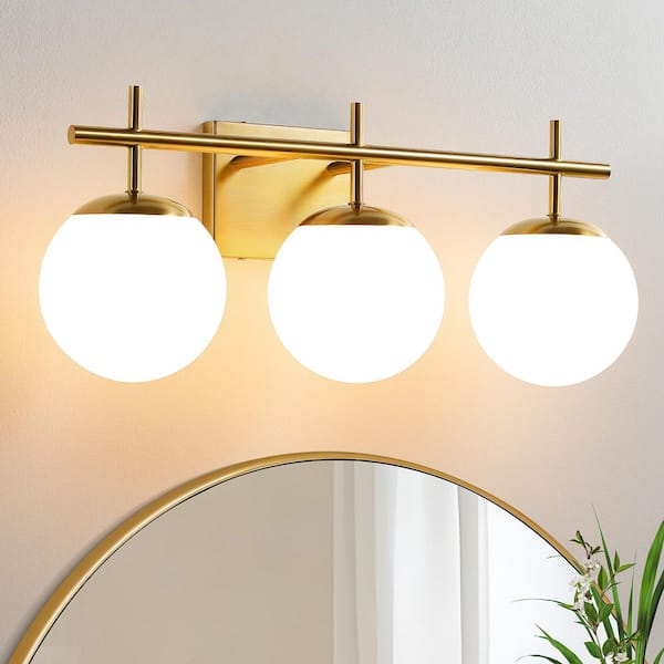 22 in. 3-Light Antique Gold Vintage Brass Globe Clear and Frosted Glass Shades Farmhouse Urban Bathroom Vanity Light