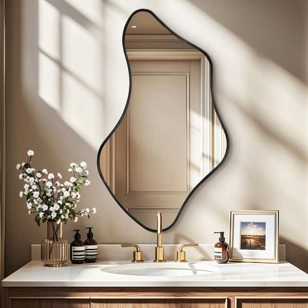 24 in. W x 40 in. H Irregular  Black Aluminum Alloy Framed Wall Mirror Asymmetrical Wall Mirror