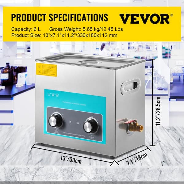 VEVOR Ultrasonic Cleaner 6L Professional Knob Control Ultrasonic Cleaners  with Heater Timer for Jewelry Watch Glasses Cleaning QXJ6LXNSCSB000001V1 -  The Home Depot