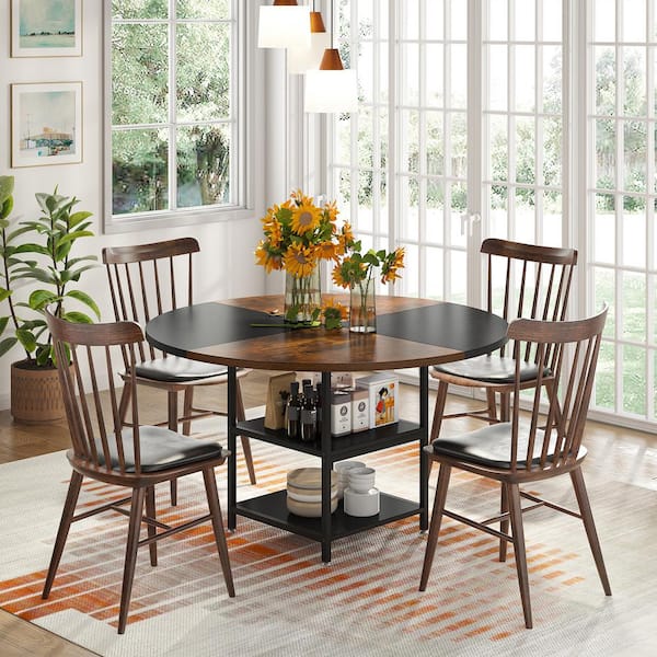 BYBLIGHT Roesler Rustic Brown and Black Wood 47 in. 4 Legs Round Dining Table with Storage Shelves Dining Table Seats 4 BB HL034YF The Home Depot
