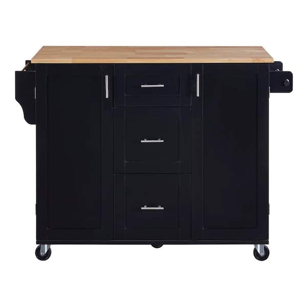 Unbranded 50 in. Rubber Wood Black Kitchen Cart with Cabinets, 3 Drawer, 2 Slide-Out Shelf and Internal Storage Rack