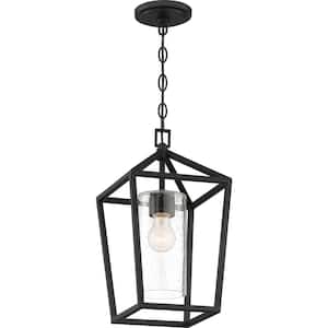 Hopewell 17.63 in. 1-Light Matte Black Dimmable Outdoor Pendant Light with Clear Seeded Glass and No Bulbs Included