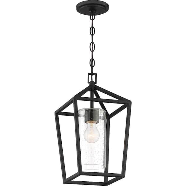 SATCO Hopewell 17.63 in. 1-Light Matte Black Dimmable Outdoor Pendant Light with Clear Seeded Glass and No Bulbs Included