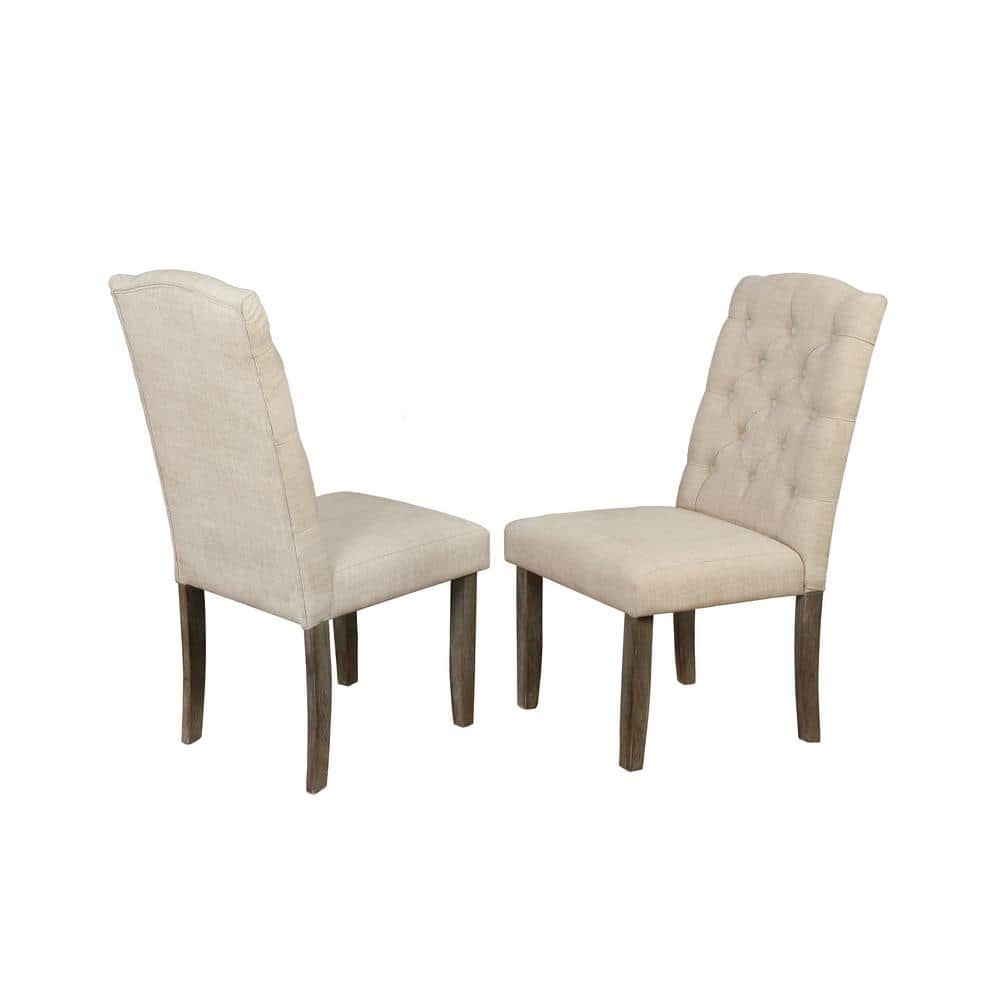 Beige Linen Upholstered Tufted Parsons Side Chairs with Wood Legs