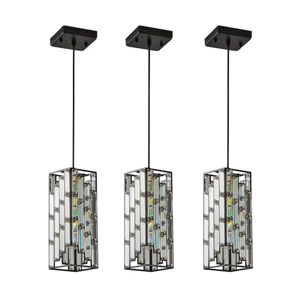 Modern 1-Light Black Crystal Pendant Light Adjustable Chandelier for Kitchen Island, No Bulbs Included (3-Pack)