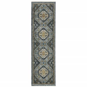 Blue Gold Ivory and Navy 2 ft. x 8 ft. Oriental Power Loom Stain Resistant Fringe with Runner Rug