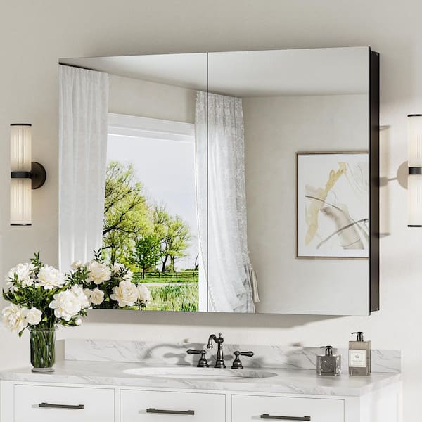 KeonJinn 40 in. W x 32 in. H Rectangular Frameless Aluminum Black Recessed or Surface Mount Medicine Cabinet with Mirror