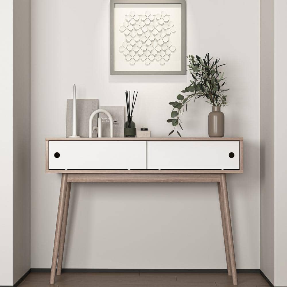 Entryway Table 39.4 in. Natural Rectangle MDF Console Table w/ 2-Sliding Do