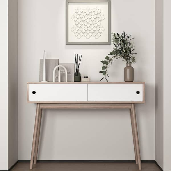 CSC DECOR INC Entryway Table 39.4 in. Natural Rectangle MDF Console Table w/ 2-Sliding Doors Storage Space and Wood Legs Sofa Table