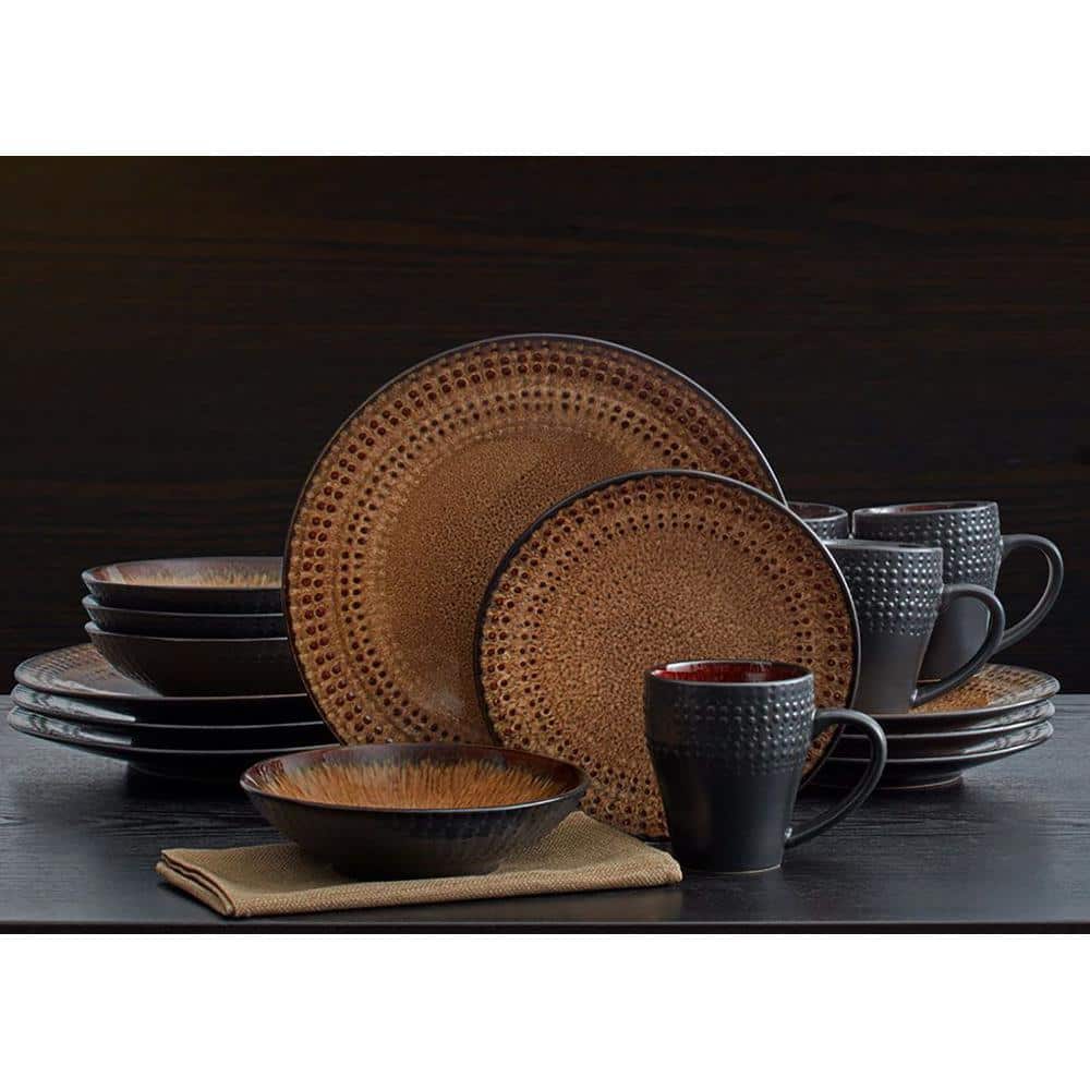 Cambria Brown Ceramic 16-Piece Beaded Dinnerware Set