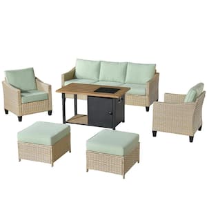 Oconee 6-Piece Wicker Outdoor Patio Conversation Sofa Seating Set with a Storage Fire Pit and Light Green Cushions