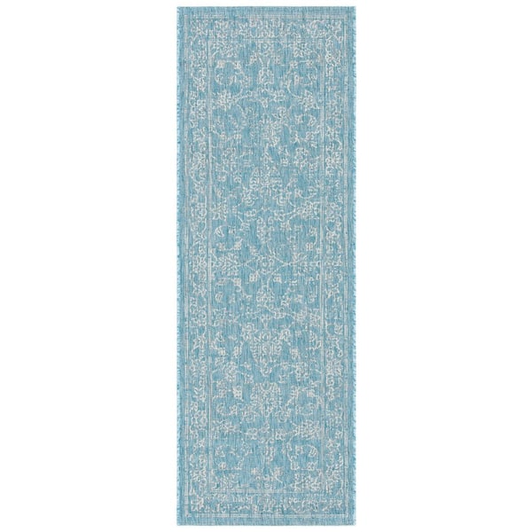 Courtyard Aqua/Gray 2 ft. x 5 ft. Border Floral Scroll Indoor/Outdoor Runner Rug