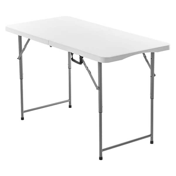 Folding Table, 4 Ft. Heavy Duty Portable Fold-in-Half Plastic Rectangle Table with Adjustable Height & Handle, White