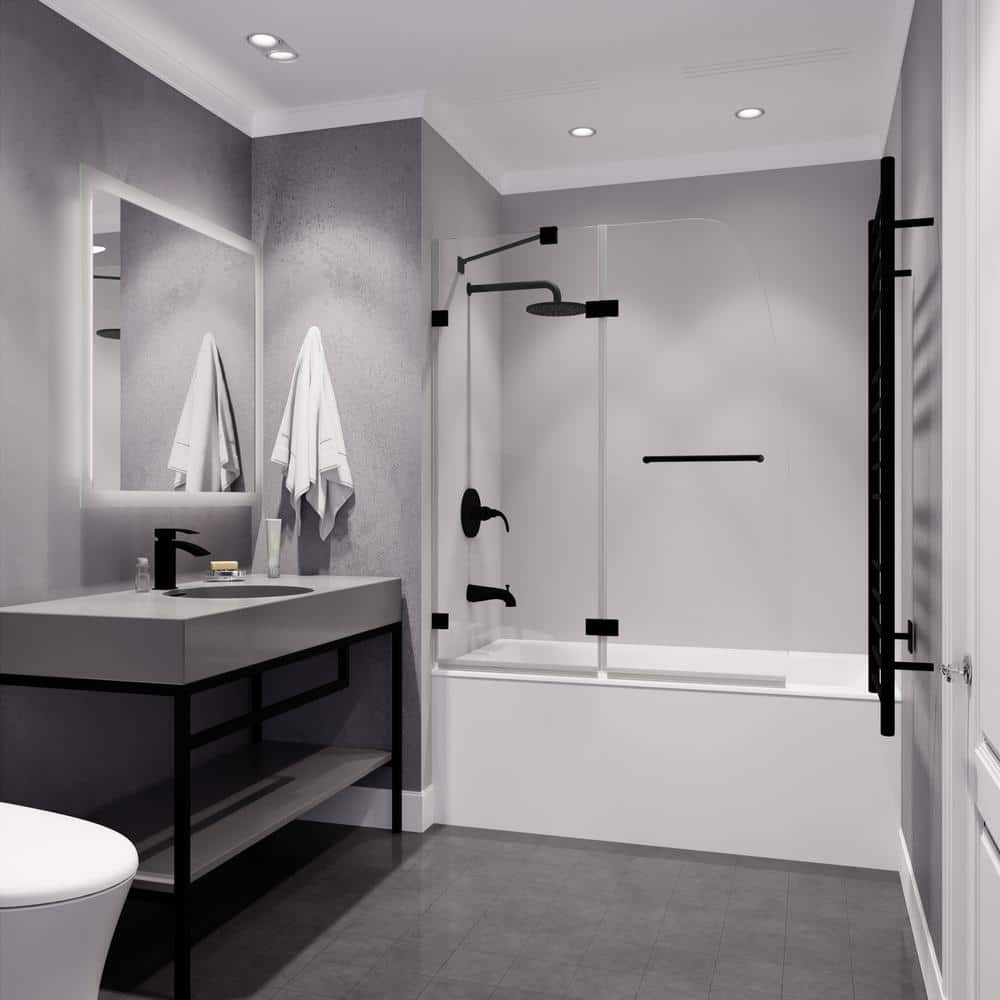 Matte Black Frameless Glass Tub Door with Towel Bar