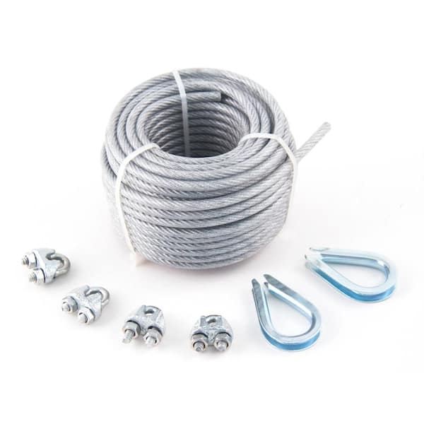 KingChain 1/8 in. x 3/16 in. x 50 ft. PVC-Coated Galvanized Aircraft Cable 7x7 Construction with Clips and Thimbles