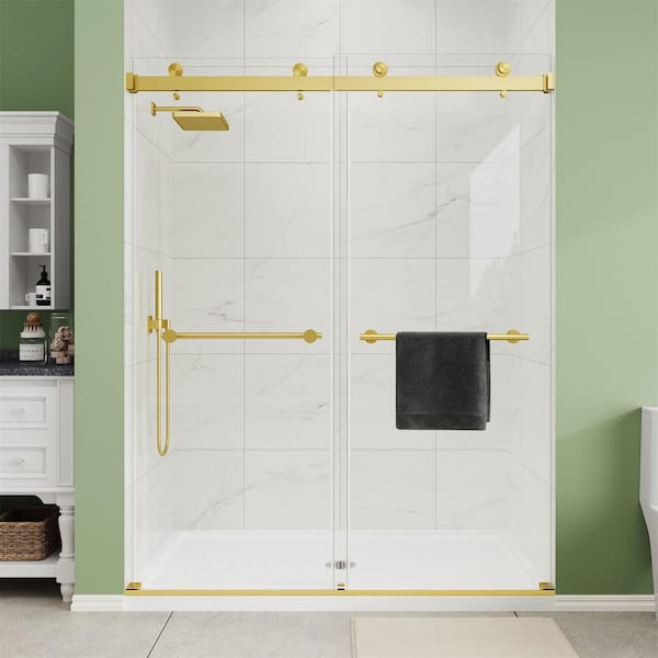 43 to 48 in. W x 72 in. H Frameless Double Sliding Shower Door in Brushed Gold with Clear Tempered Glass