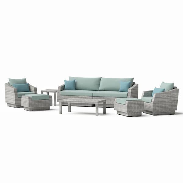 Cannes 8-Piece All-Weather Wicker Patio Sofa and Club Chair Conversation Set with Spa Blue Cushions