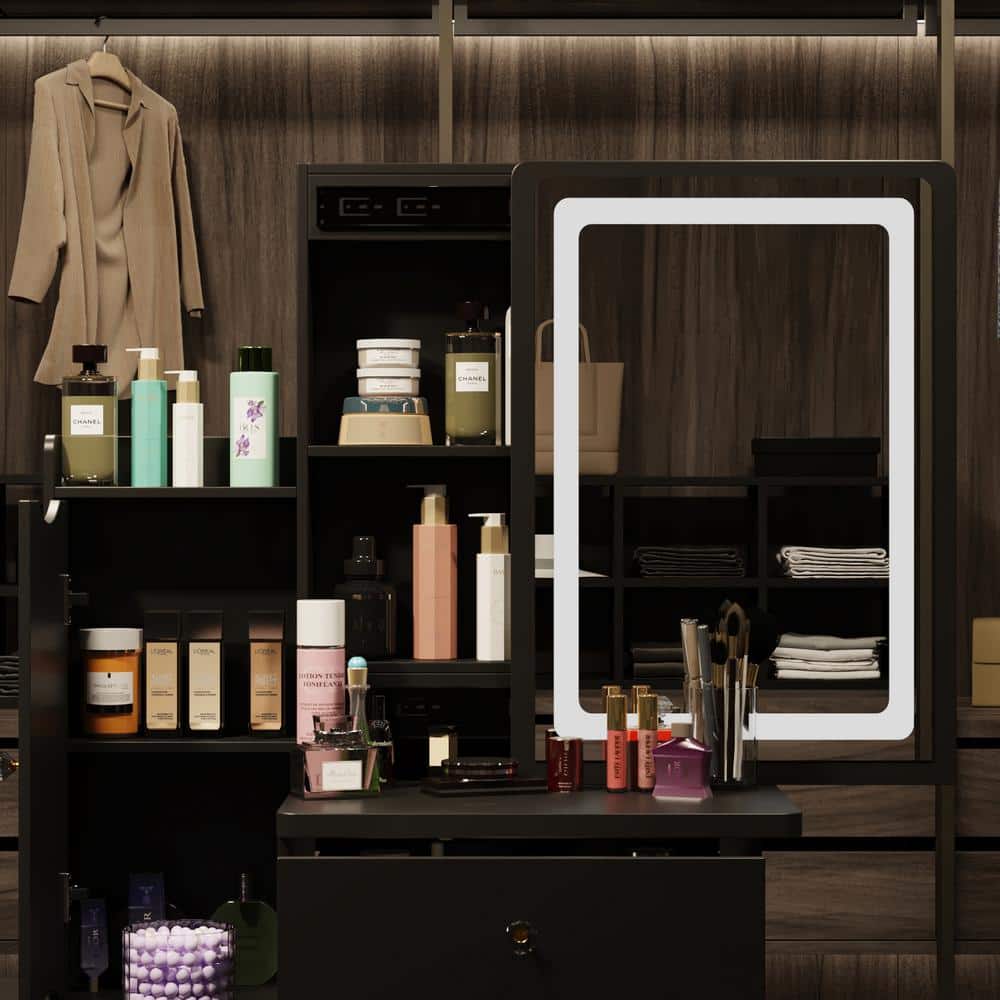 4-Drawers Black Wood LED Push-Pull Mirror Makeup Vanity Sets Dressing Table Sets with Stool, Door Cabinet, Shelves - thumbnail 6