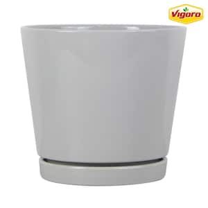 8.1 in. Piedmont Medium Gray Ceramic Pot (8.1 in. D x 7.6 in. H) with Drainage Hole and Attached Saucer