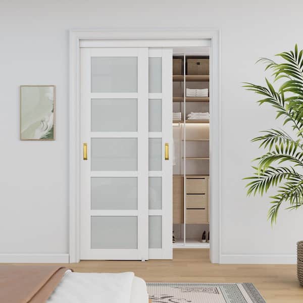 48 in. x 80 in. 5-Lite Frosted Glass Primed White MDF Closet Sliding Door No Grooving Golden Handles and Hardware