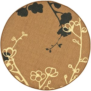 Courtyard Brown Natural/Black 5 ft. x 5 ft. Round Floral Indoor/Outdoor Patio  Area Rug